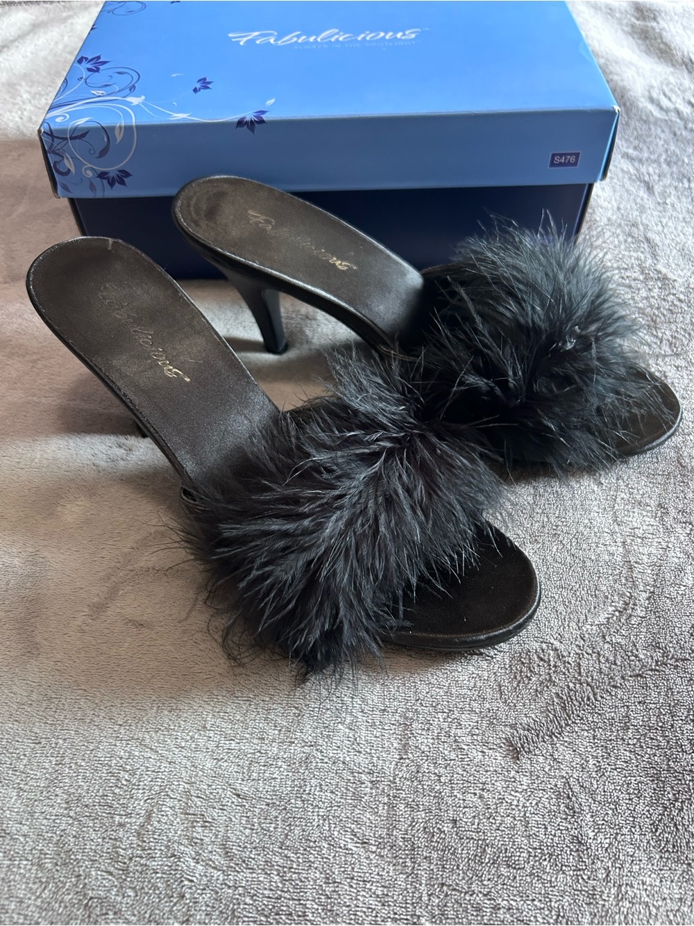 Pleaser Fabulicious Black Satin and Fur Slide Heels